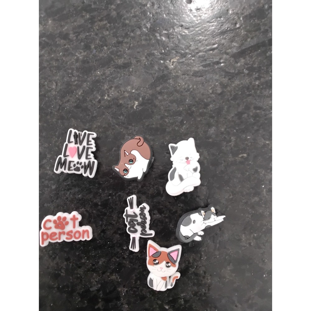 7pc Cat Shoe Charms Live Love Meow Cat Person Clog Pins PVC Accessories Set